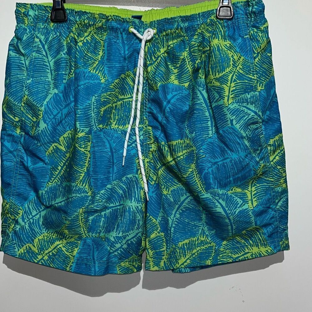 BOCA Classics Men's Blue Green Tropical Drawstring Mesh Lined Swim Trunks Medium